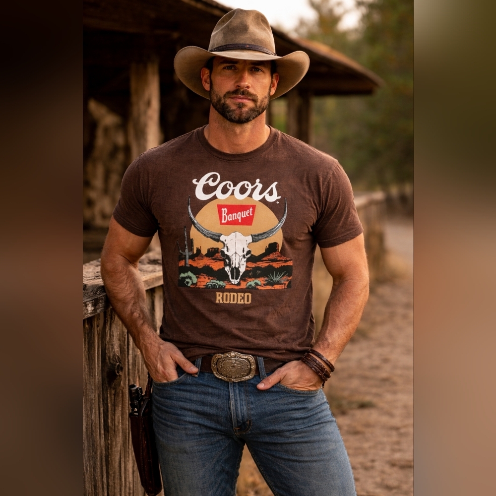 NWOT Coors Banquet Rodeo Graphic T-Shirt Brown Small Tee 100 %Cotton